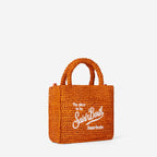 Mini borsa Vanity in rafia arancione con ricamo frontale
