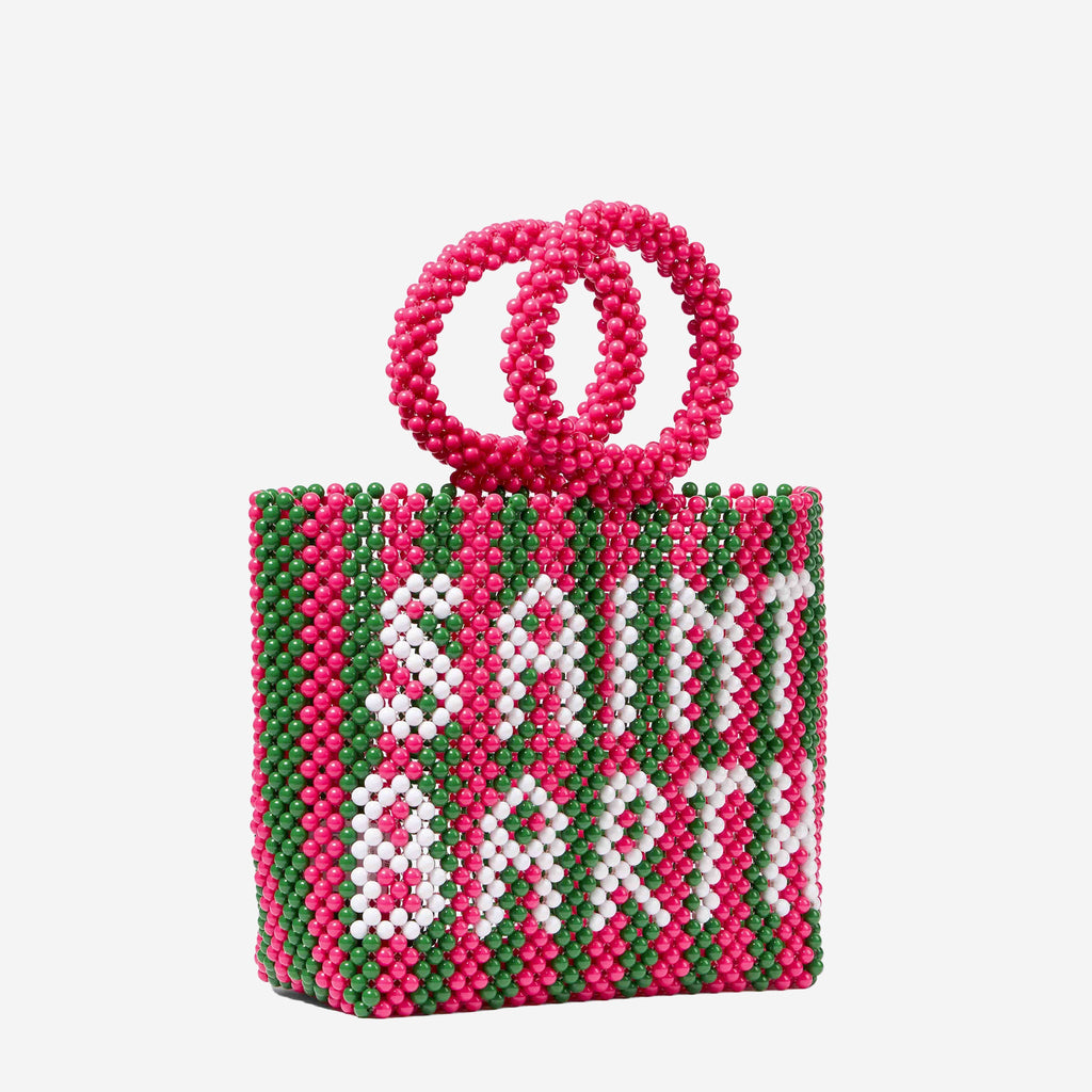 Borsa Beaded Big Bag con perline a righe rosa e verdi