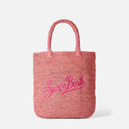 Borsa a secchiello in rafia rosa con ricami